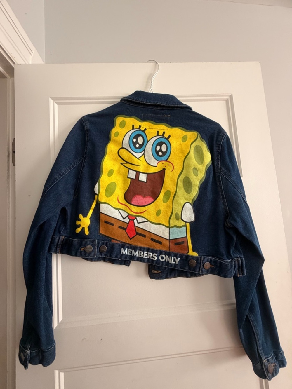Members Only Dark Blue Denim Jean Jacket with SpongeBob Back Art